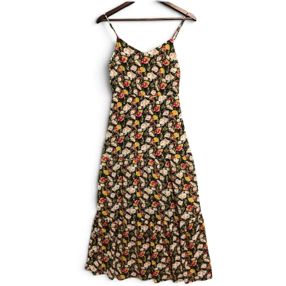 J.Crew Mercantile Black Floral Tiered Midi Slip Dress Boho Cottagecore S